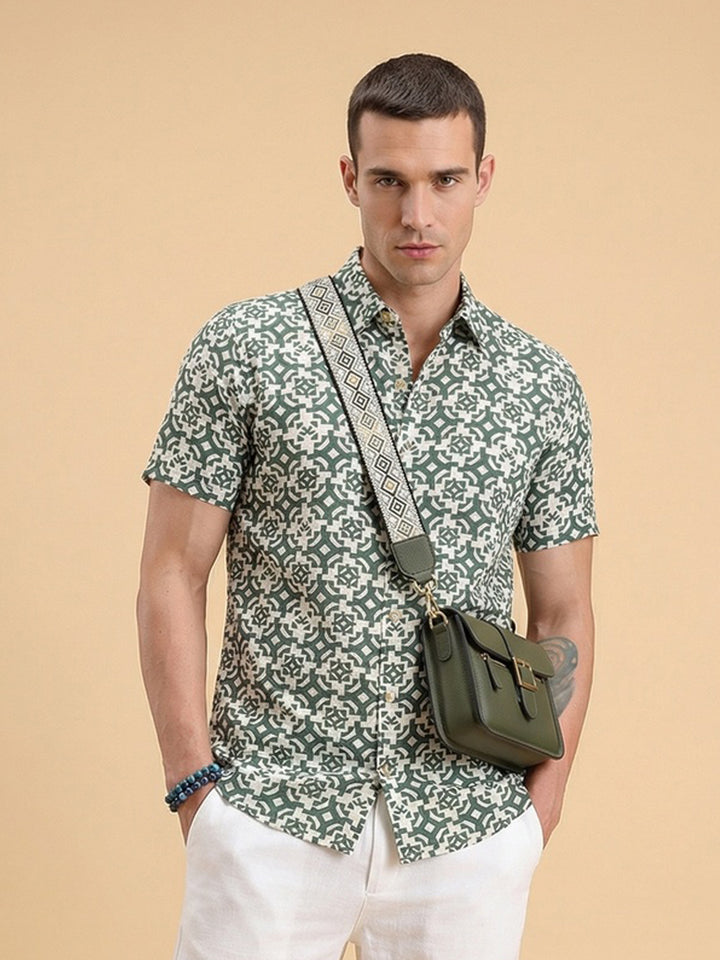 Slim Fit AOP Half Sleeve Shirt | Dark Green