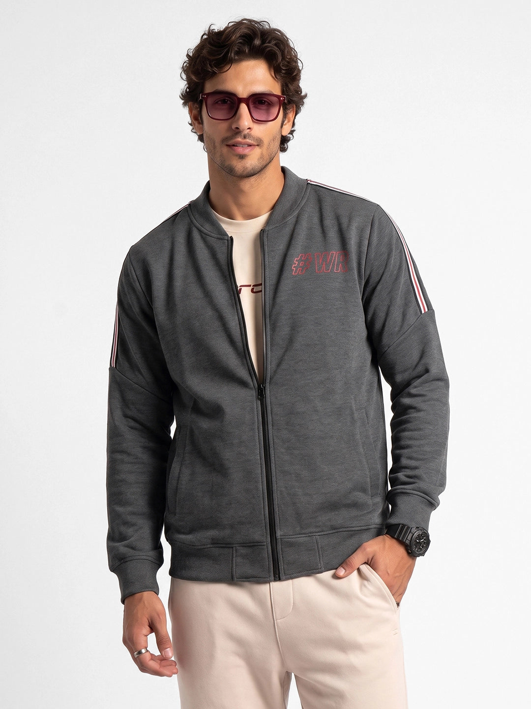Placement Printed Zipper Jacket | Grey | WNSS7373