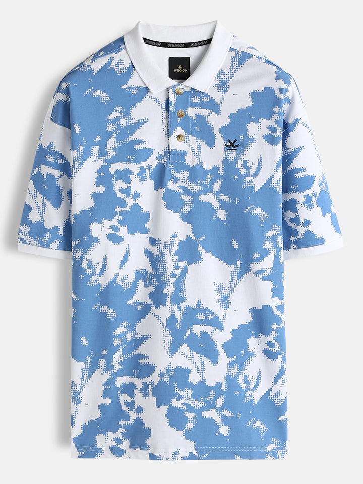 Abstract Floral Printed Polo T-Shirt | Blue & White