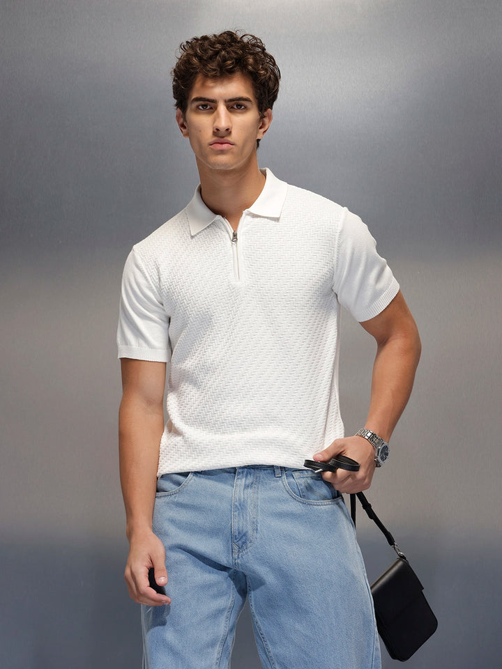 Men's Textured Zip- Up Polo T-Shirt  |  White