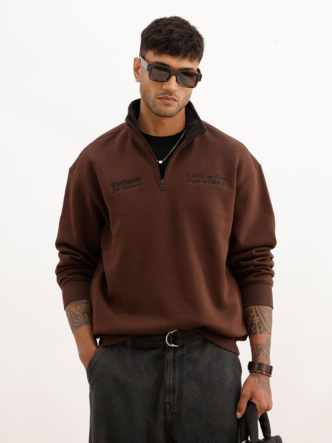Oversized Embroidered Semi-Zipper Sweatshirt | Brown