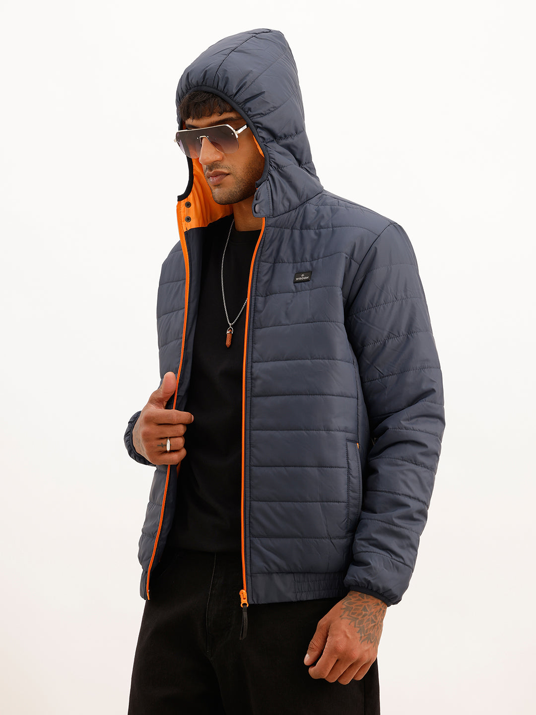 Solid Regular Fit Puffer Jacket | Navy Blue