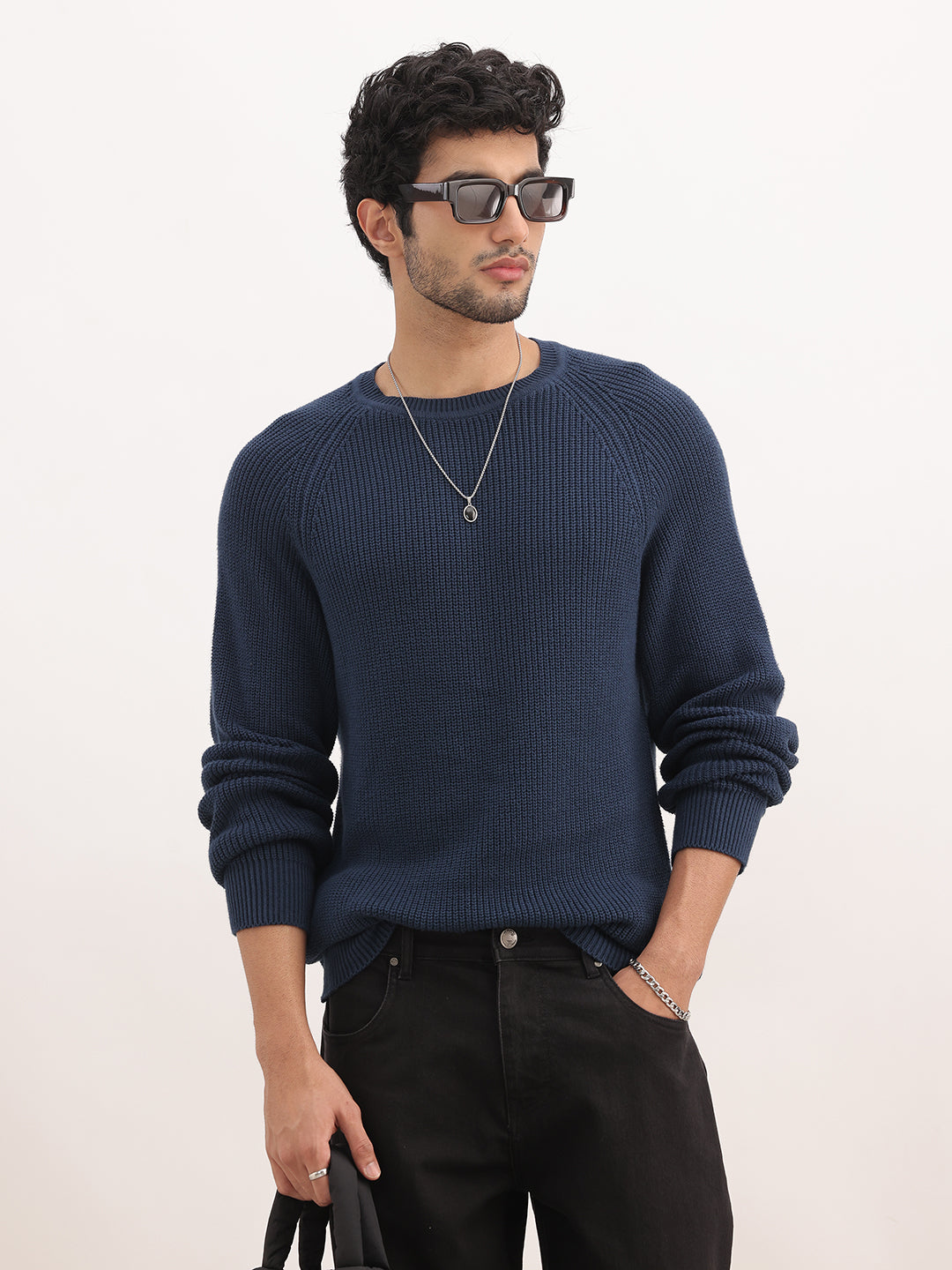 Solid Comfort Fit Knitted Sweater | Navy Blue