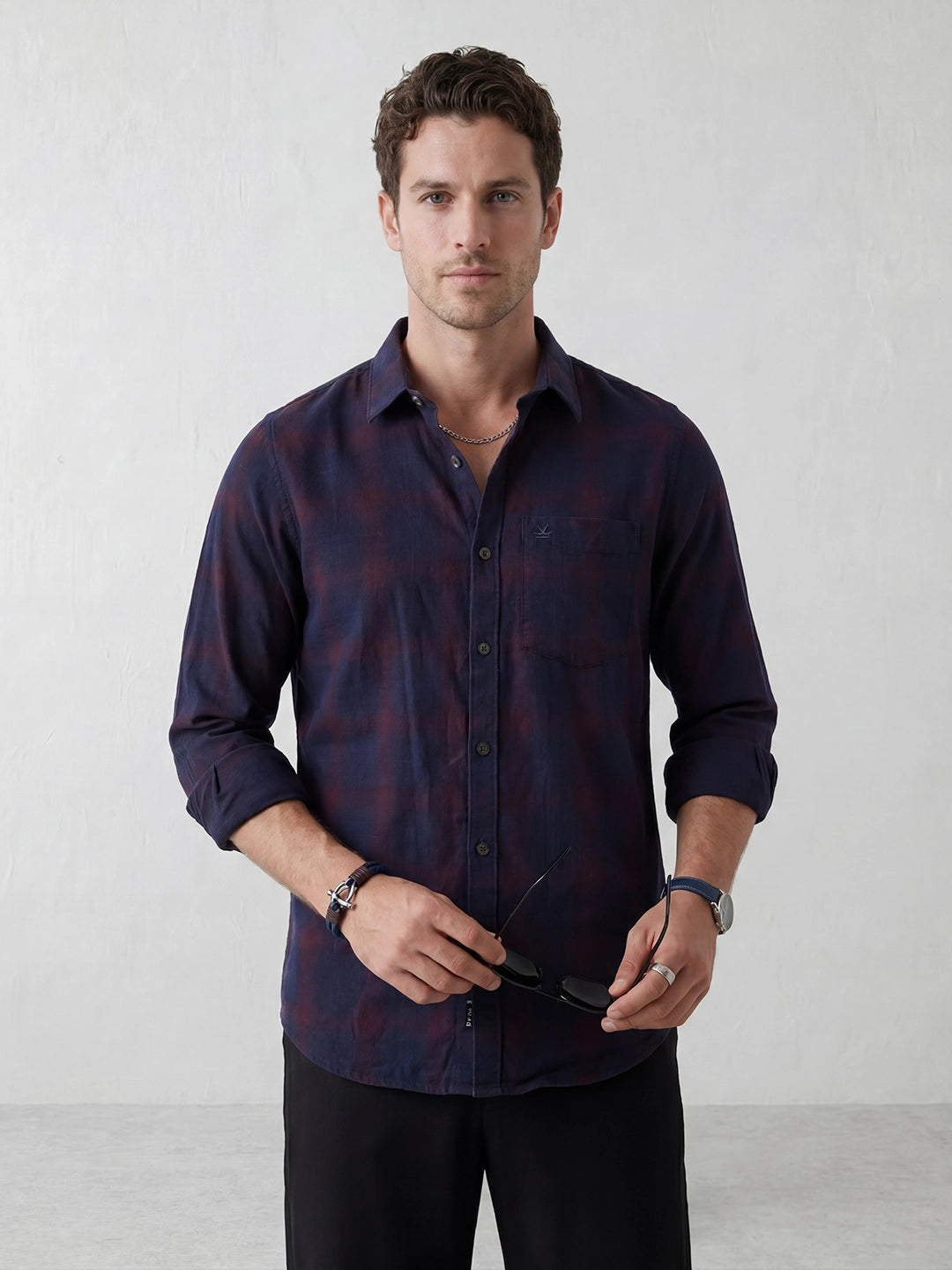 Slim Fit Checkered Shirt | Navy Blue