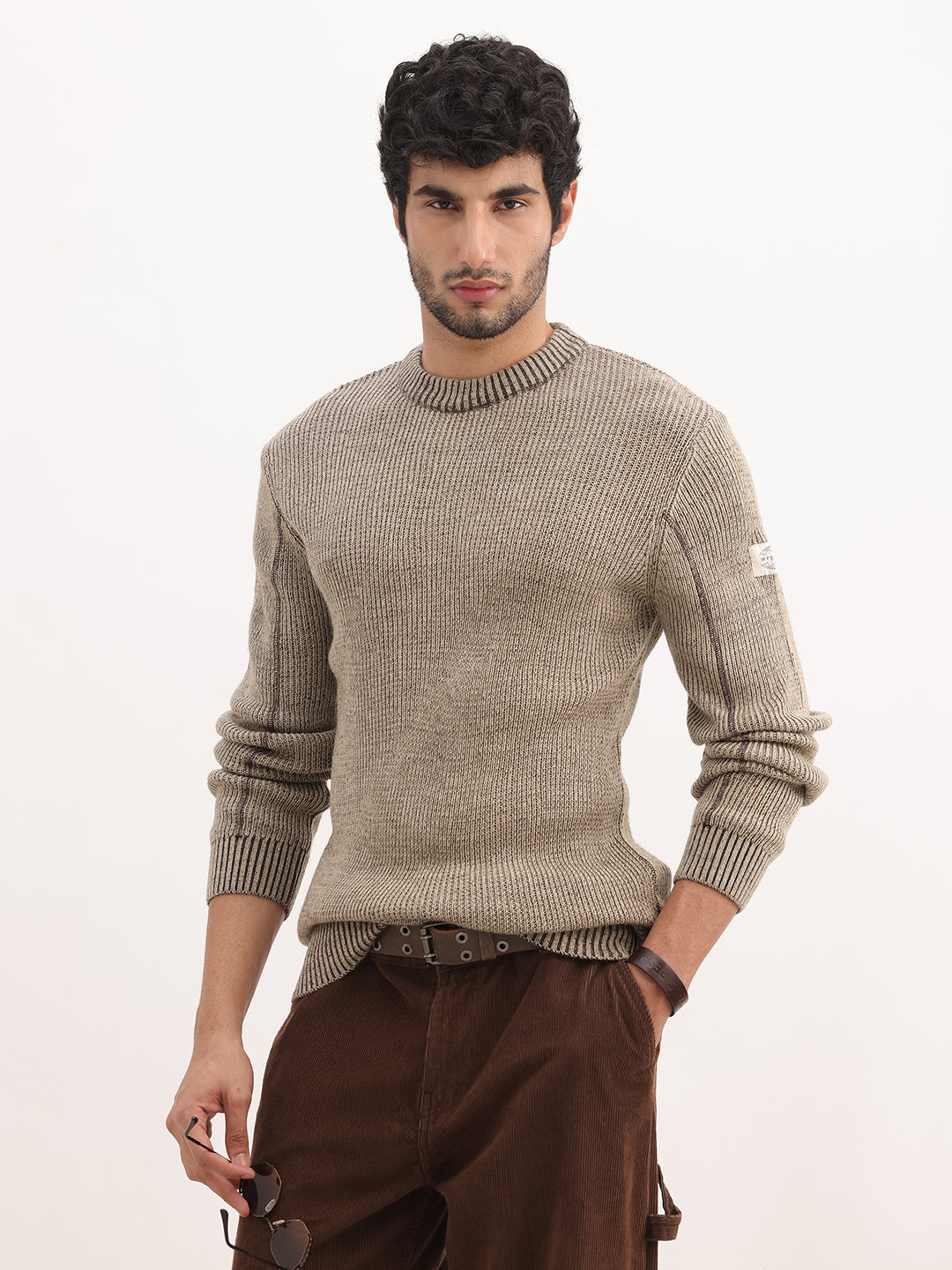 Solid Regular Fit Knitted Sweater | Beige
