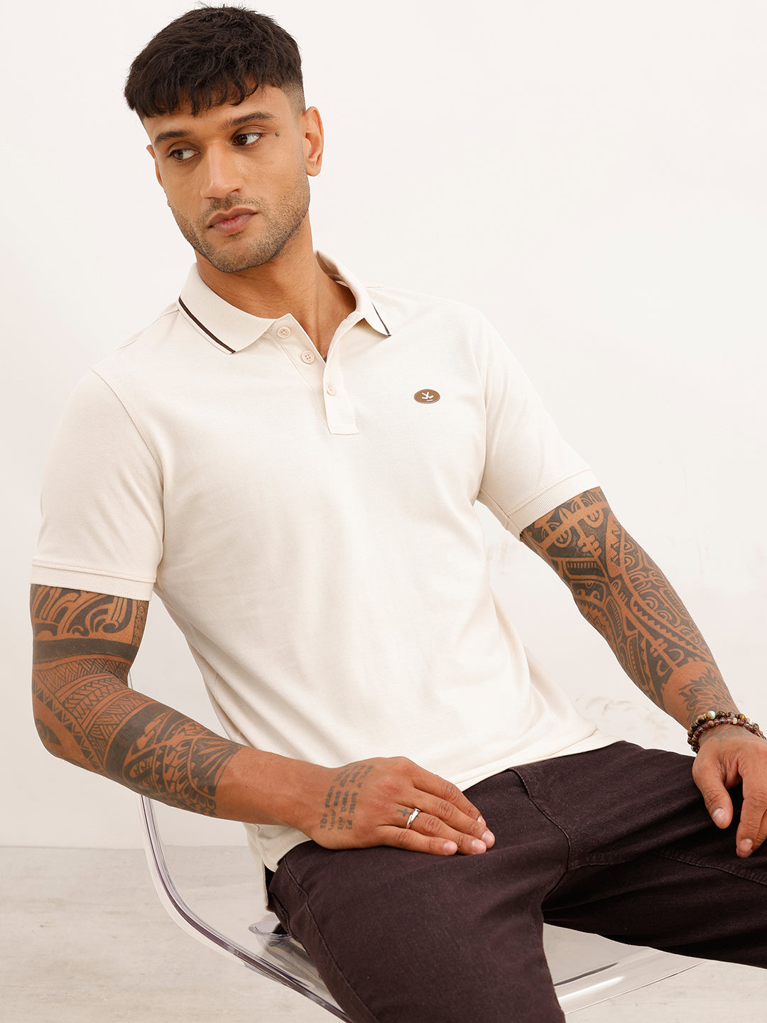 Regular Fit Tipping Collar Polo T-Shirt | Beige