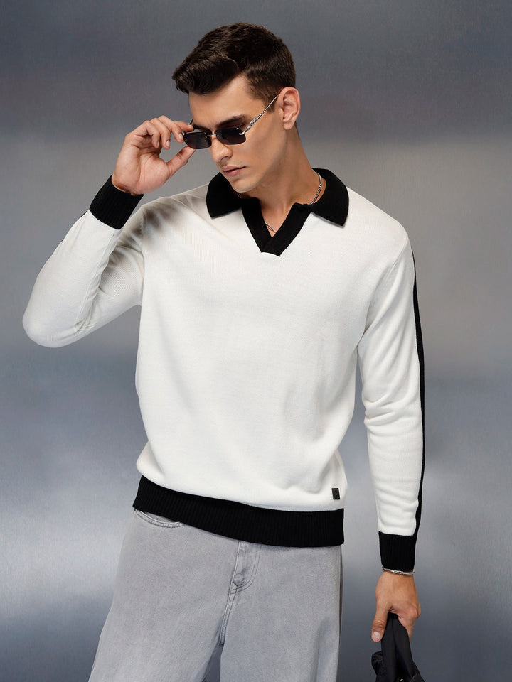 Textured Knit Sweater with Contrast Trim | White