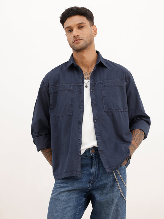 Solid Double Pocket Full Sleeve Shirt | Blue