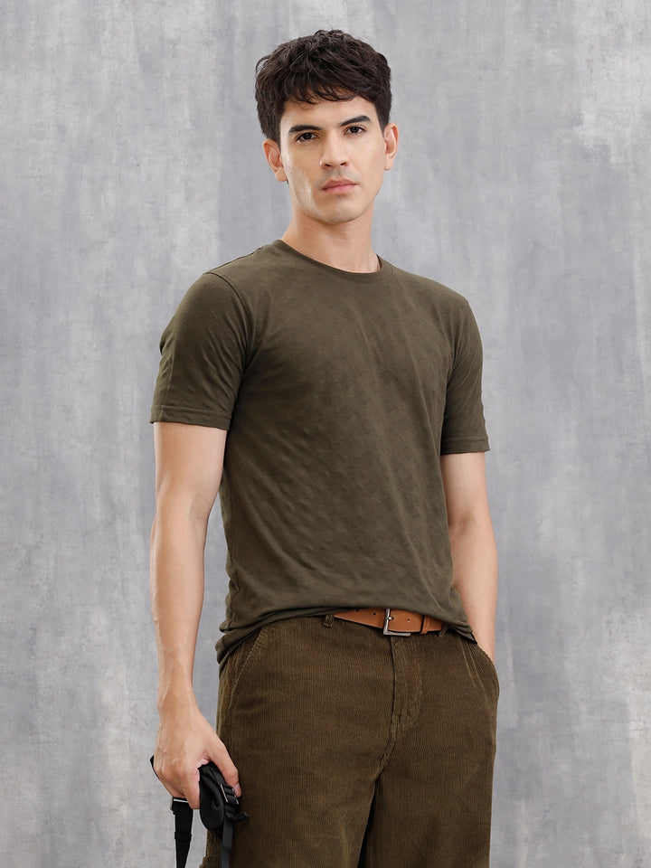 Geometric Jacquard Slim Fit Cotton Blend T-Shirt  |  Olive