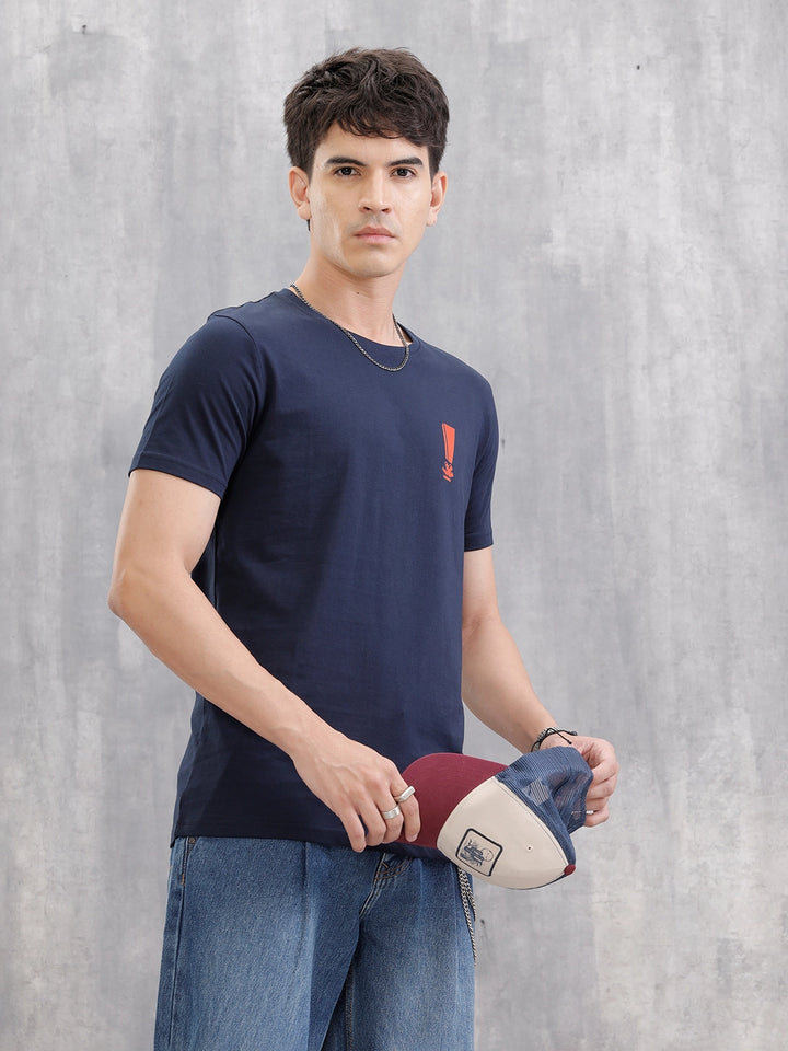 Regular Fit Solid T-shirt With Logo Print | Blue