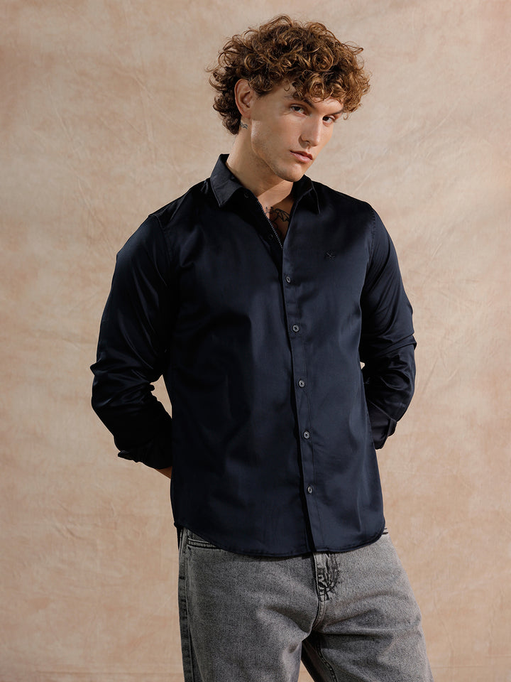 Solid Stretch Cotton Blend Shirt | Navy Blue