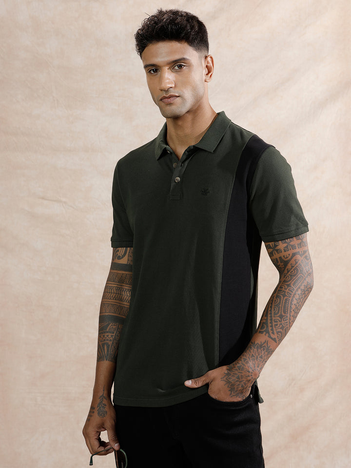 Asymmetric Colour Blocked Polo T-Shirt | Olive