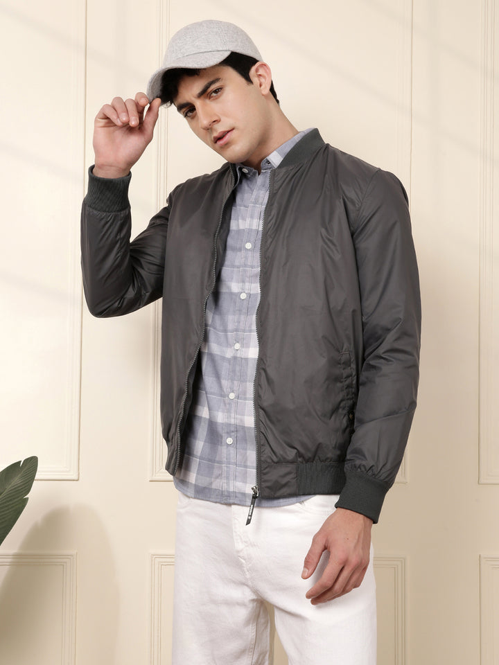 Grey Nylon Bomber Jacket