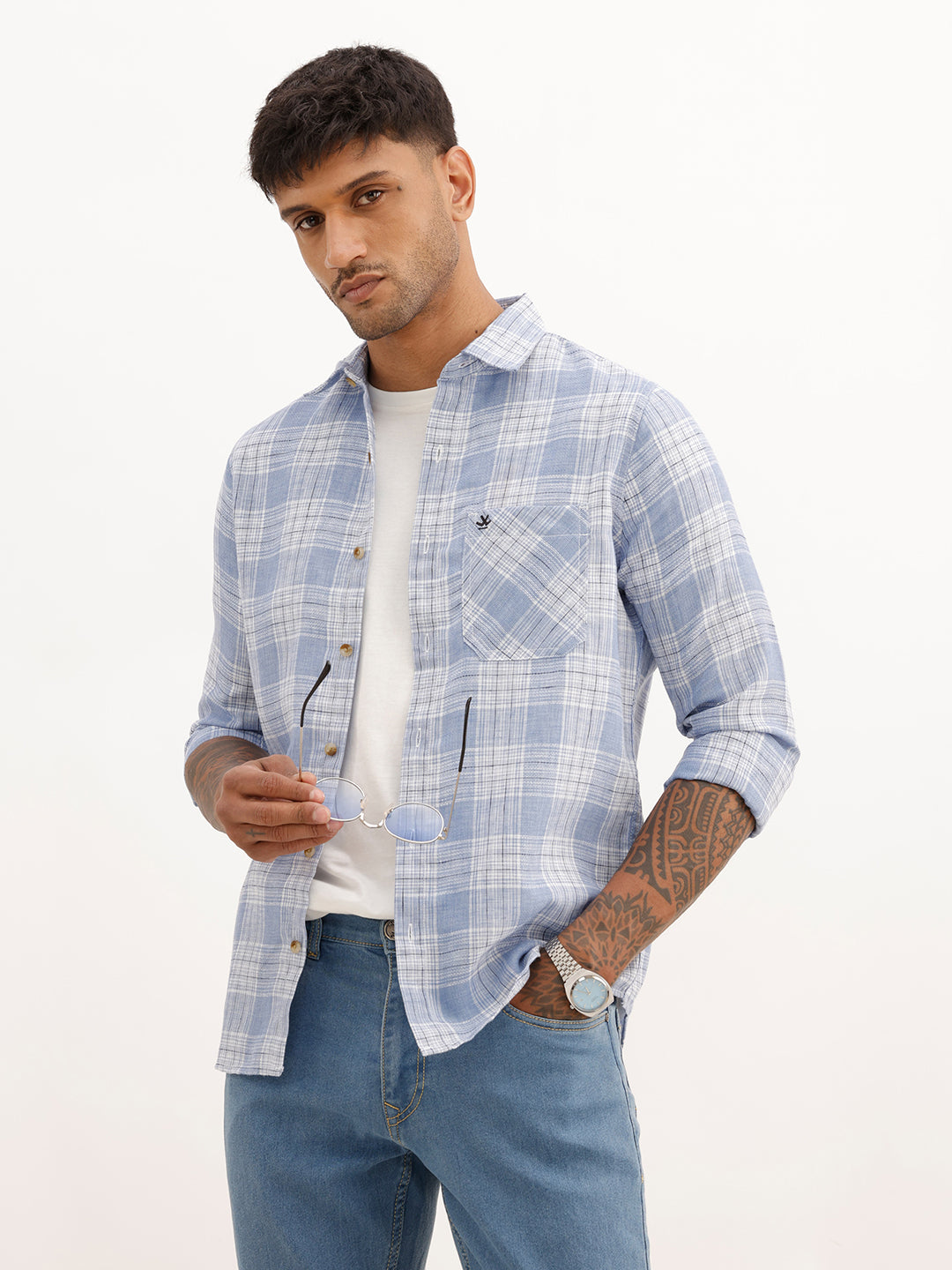 Regular Fit Checkered Shirt | Light Blue