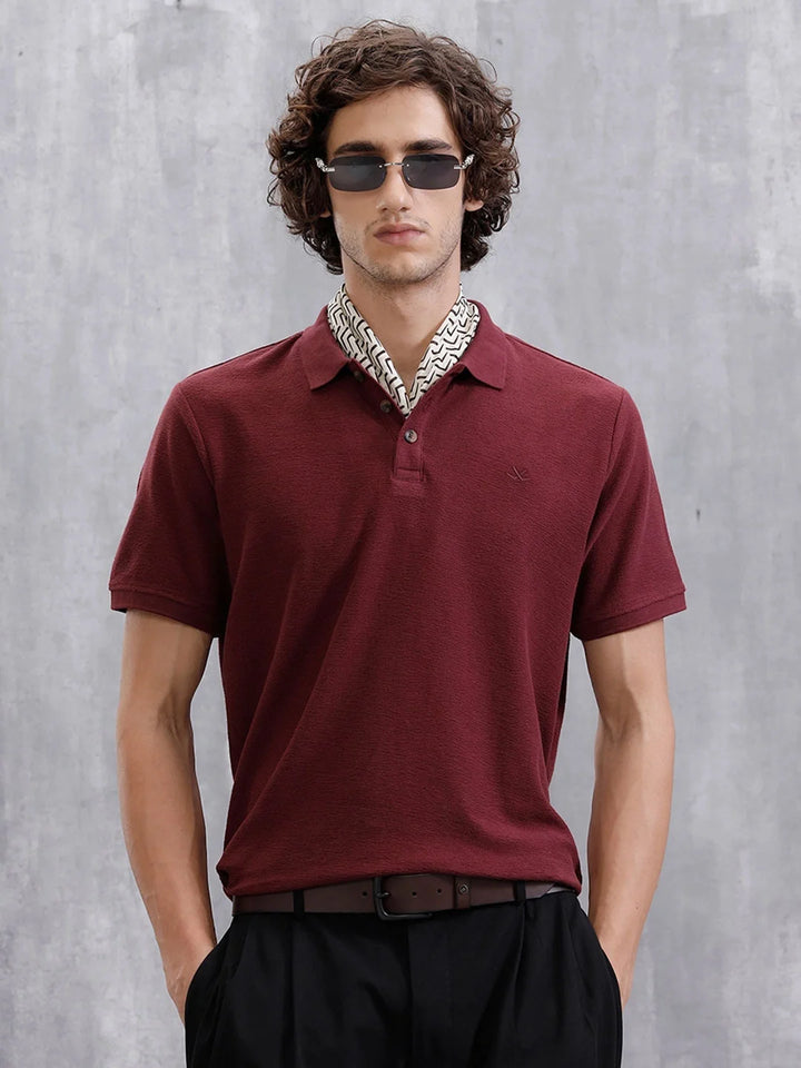 Solid Crinkle Texture Polo T-Shirt | Maroon