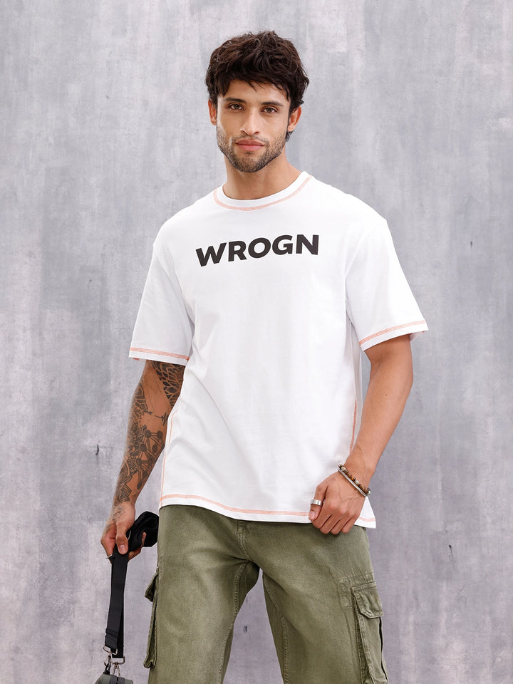Contrast Flat Lock Detail Oversized Fit T-shirt With Print | White