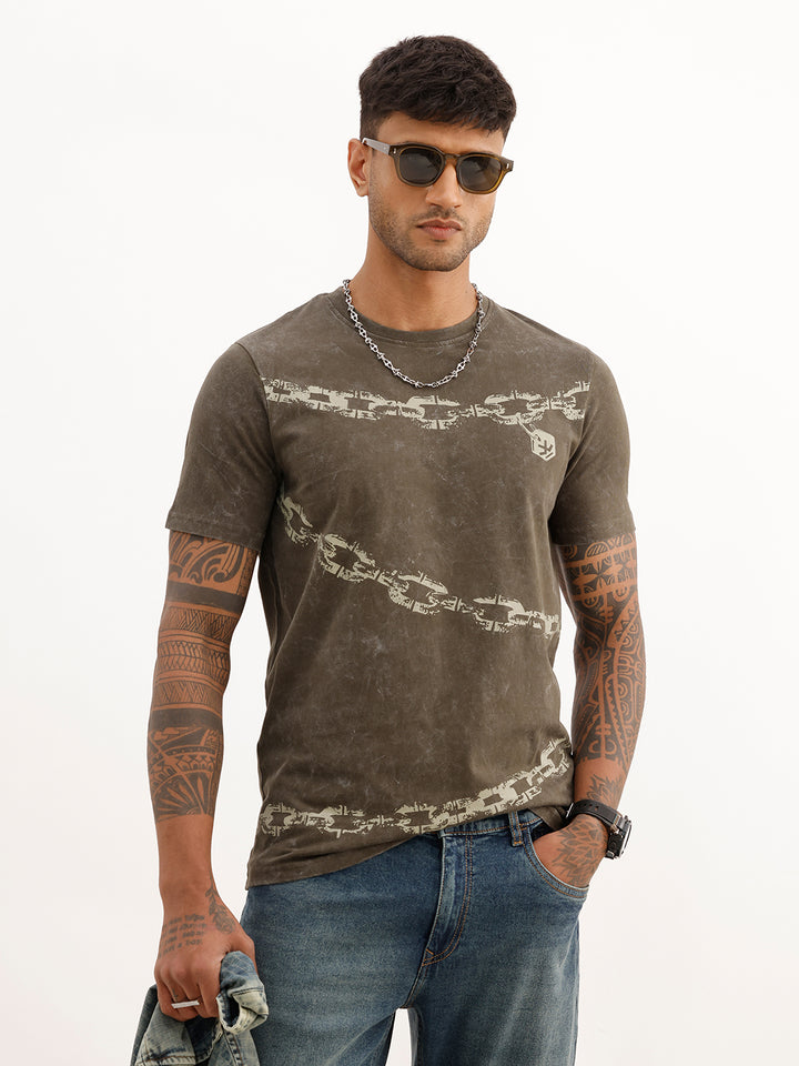 Washed Slim Fit Placement Printed T-Shirt | Olive
