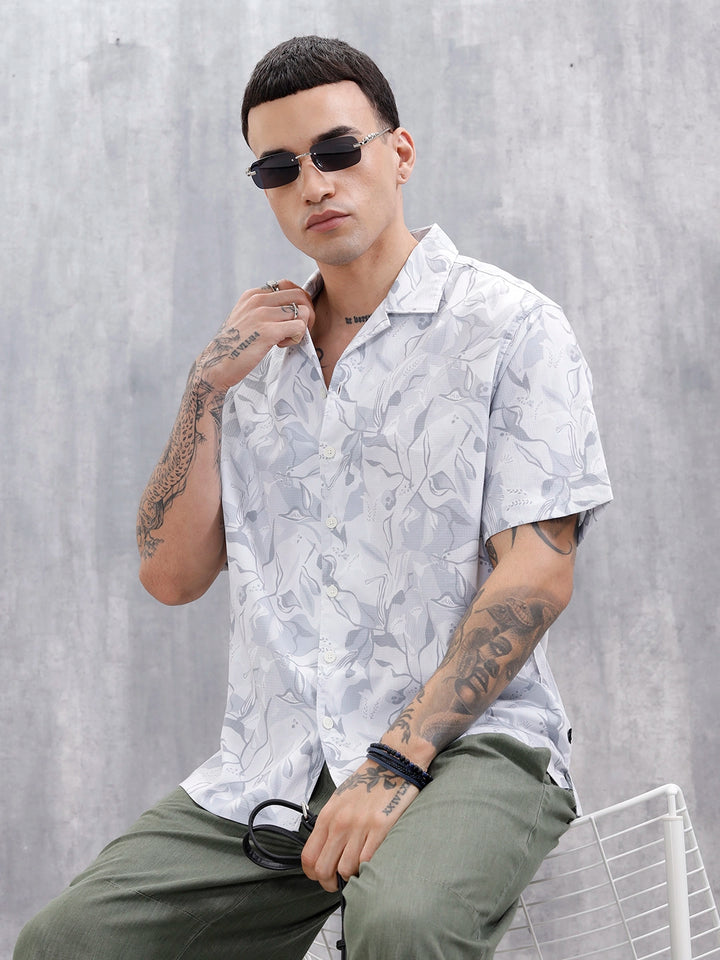 Men's Comfort Fit Resort Collar Printed Shirt | Grey