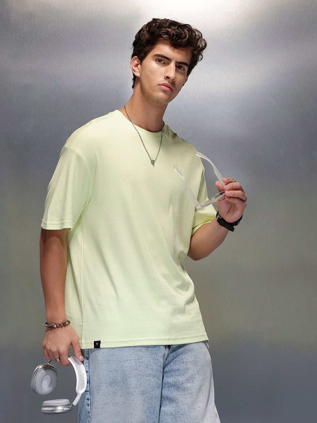 Solid Textured Regular Fit T-Shirt   |  Light Green
