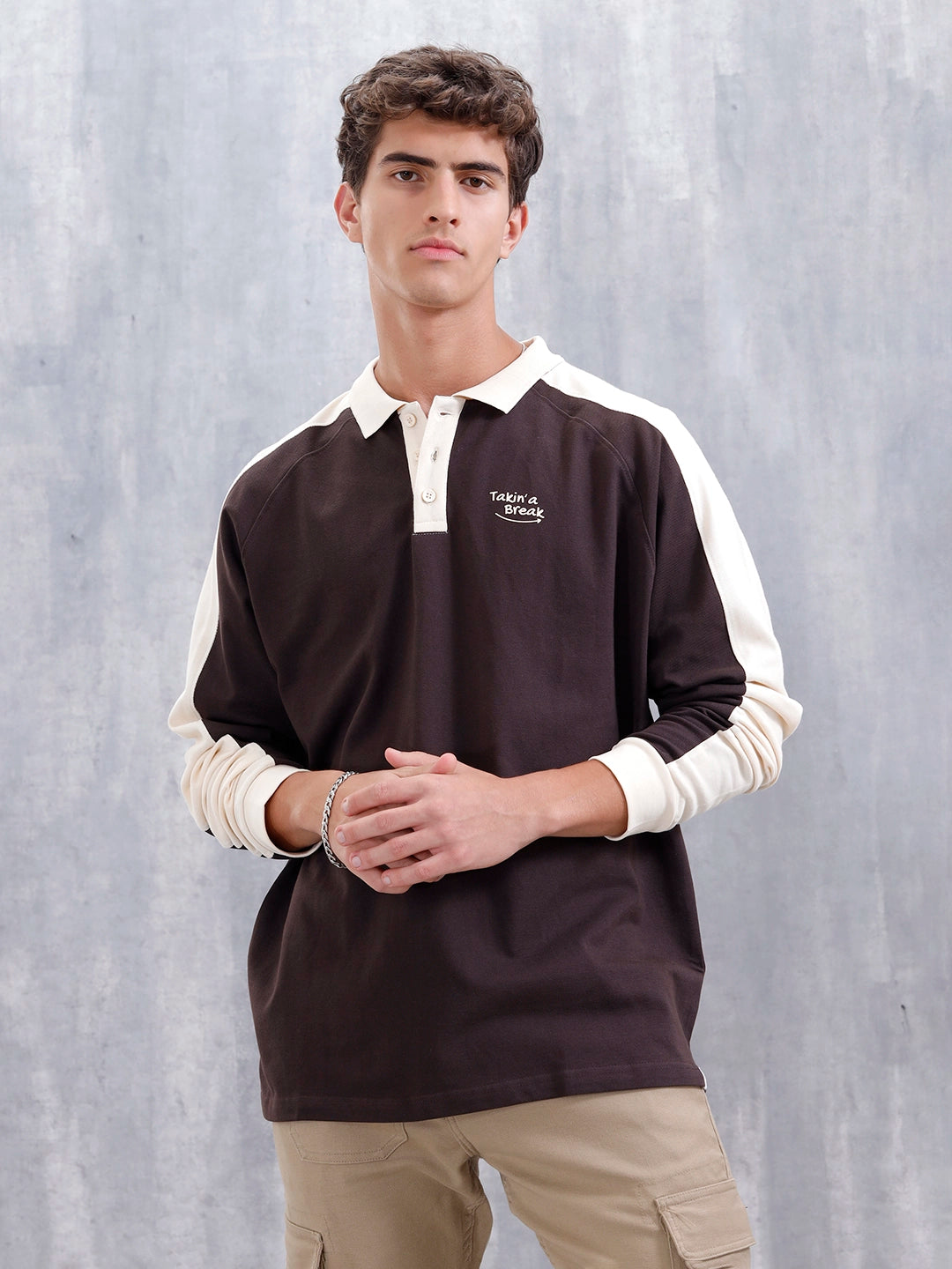 Oversized Fit Full Sleeve Sporty Polo T-Shirt | Dark Brown