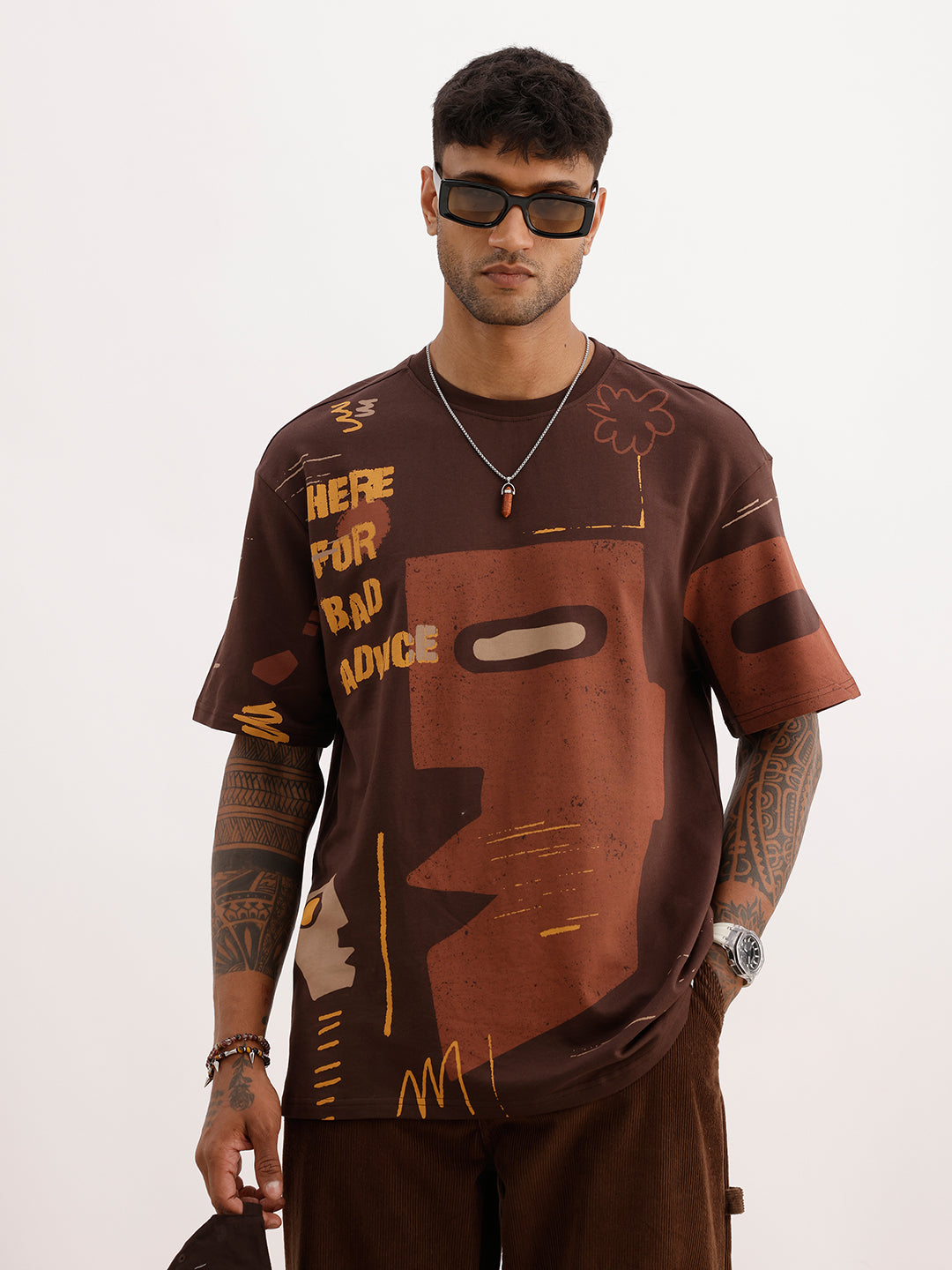 Oversized Placement Printed T-Shirt | Brown
