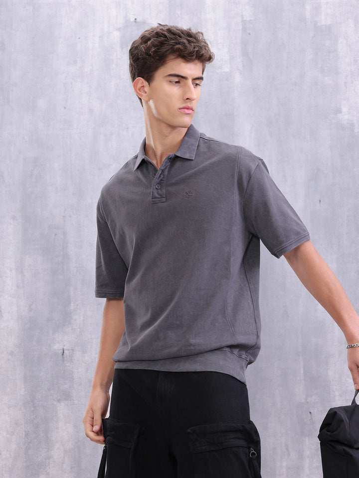 Retro Washed Oversized Fit Polo Collar T-shirt | Charcoal
