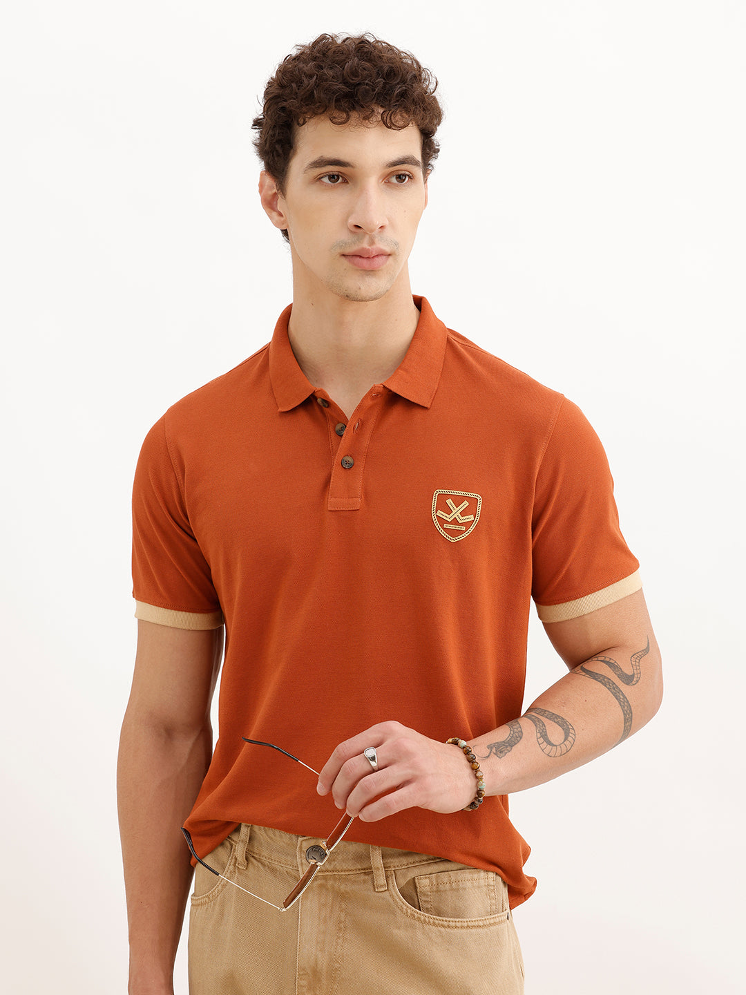 Solid Regular Fit Contrast Sleeve Polo T-Shirt | Rust