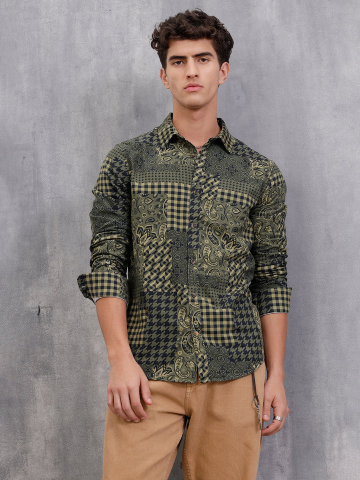 Corduroy Printed Shirt In Slim Fit | Olive