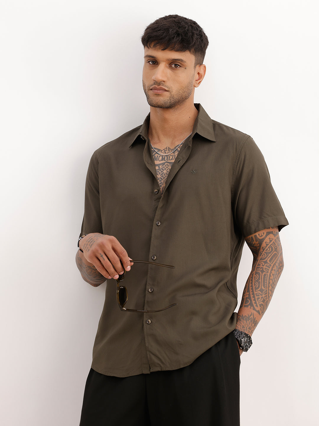 Solid Slim Fit Half Sleeve Shirt | Olive