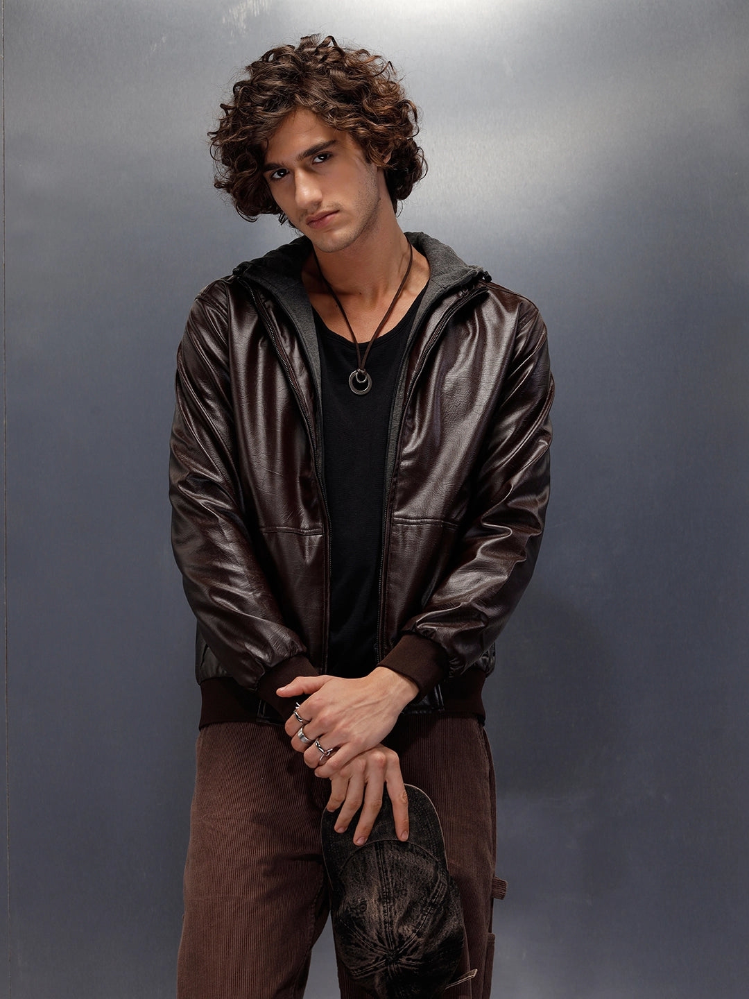 Faux Leather Mock Layer Hooded Jacket | Dark Brown