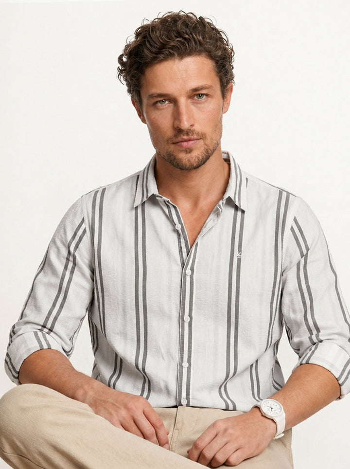 Textured Slim Fit Striped Shirt | White