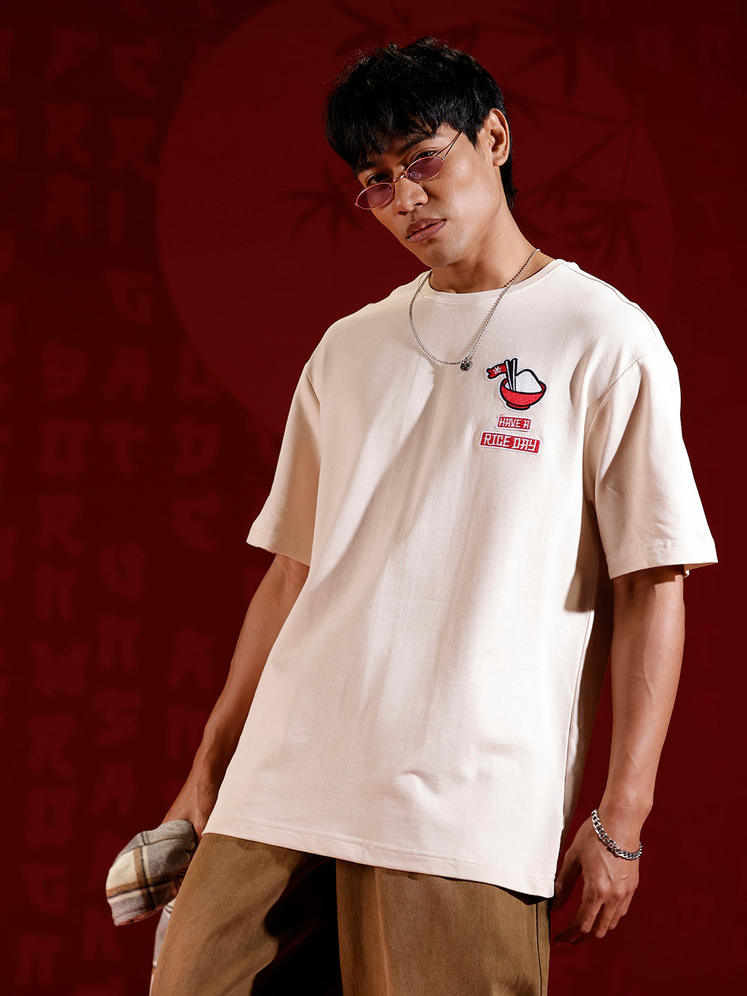 Playful ramen embroidered oversized tshirt | Beige