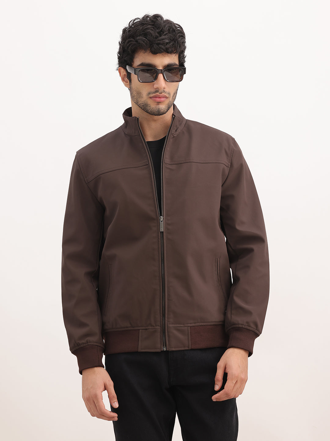 Solid Slim Fit Zipper Jacket | Tan