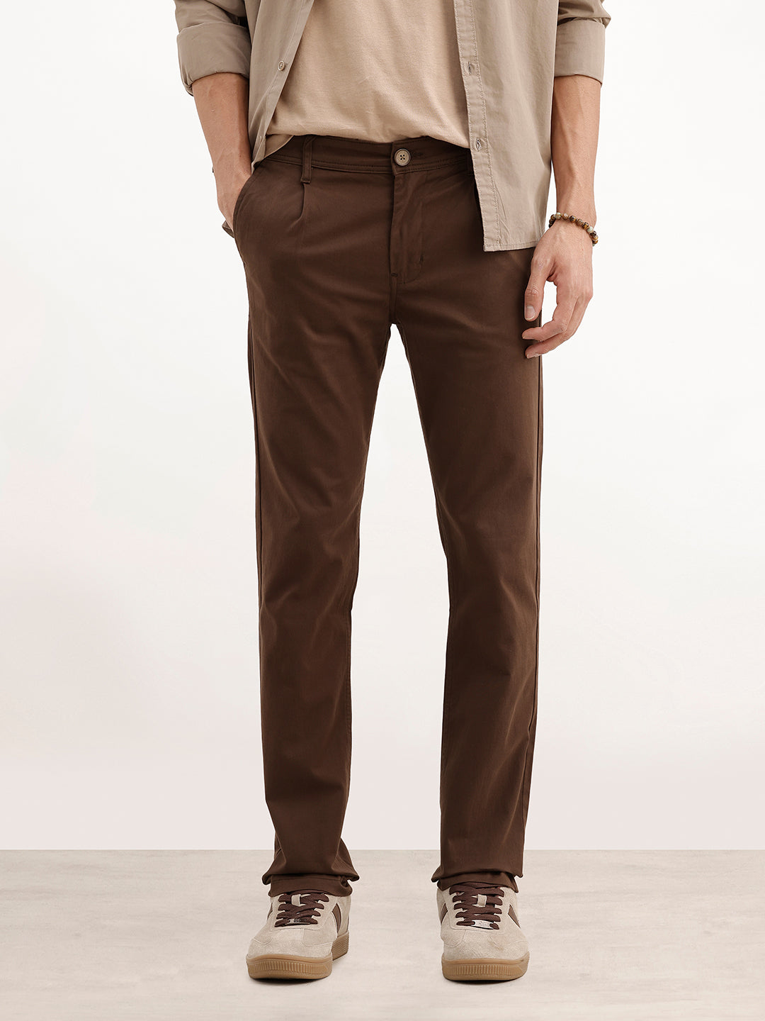 Solid Slim Fit Pleated Trouser | Brown | WTR0100SL5054M