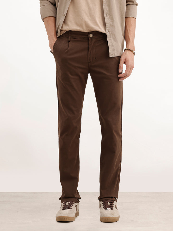 Solid Slim Fit Pleated Trouser | Brown