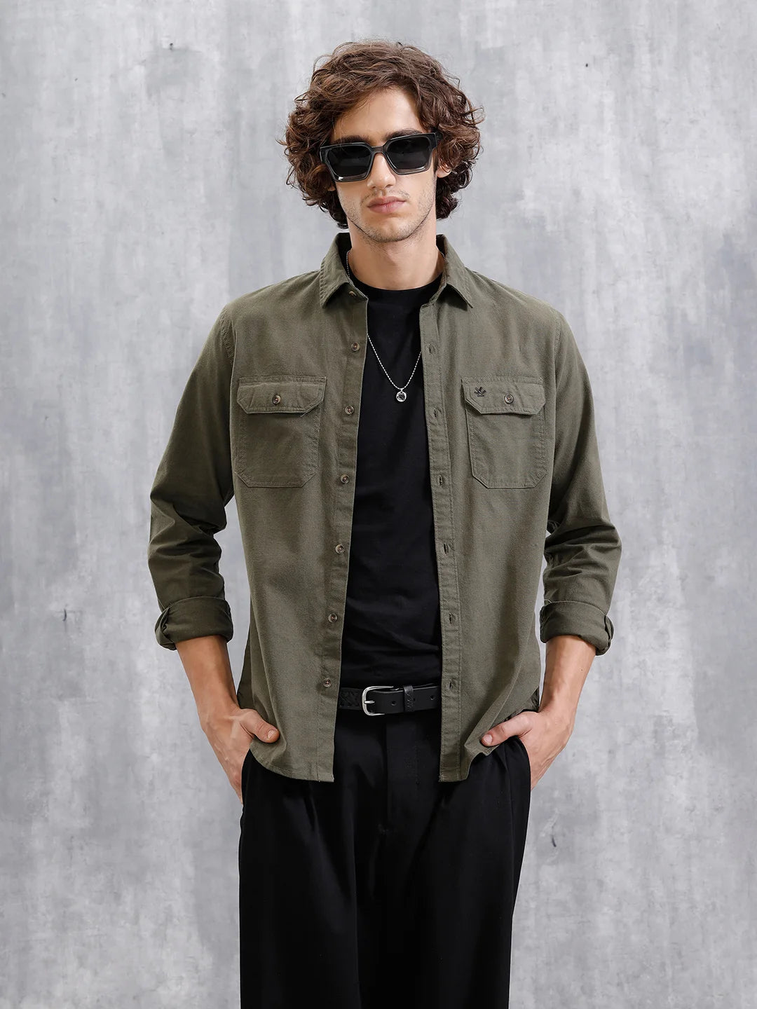 Double Pocket Solid Shirt | Olive