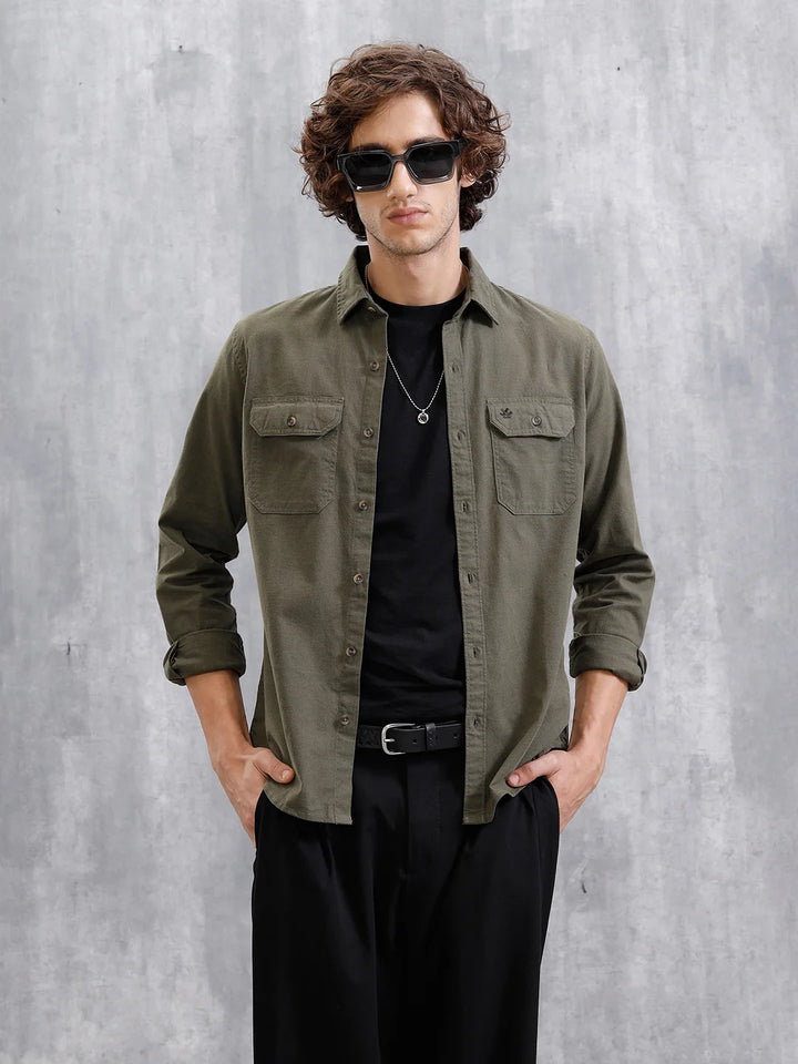 Double Pocket Solid Shirt | Olive