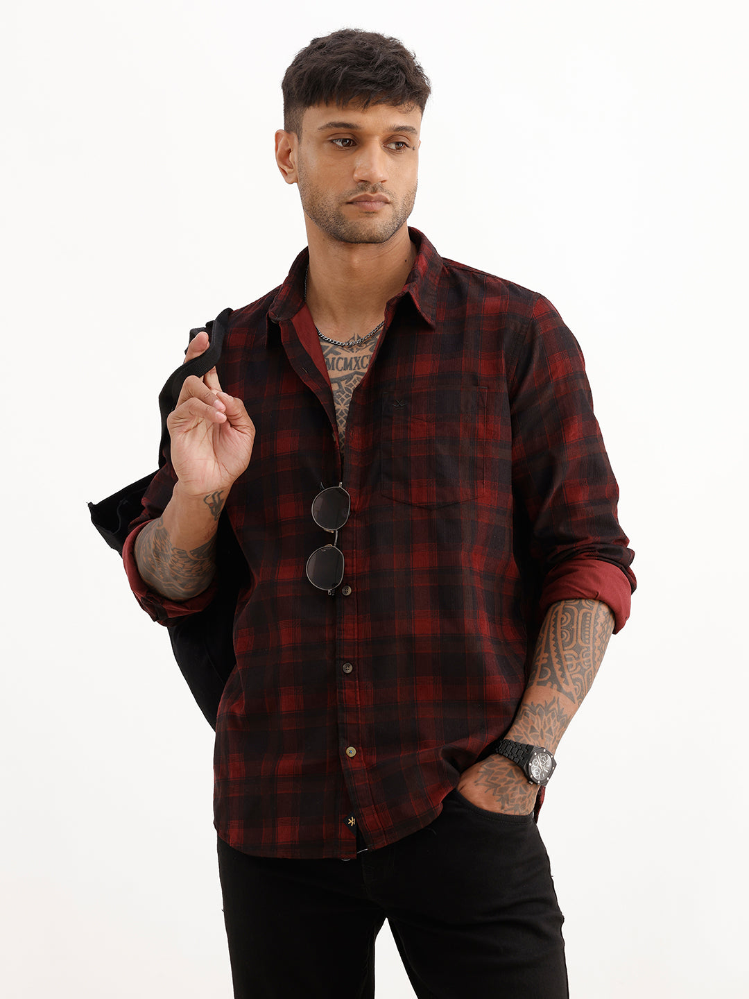 Slim Fit Checkered Full Sleeve Shirt | Maroon