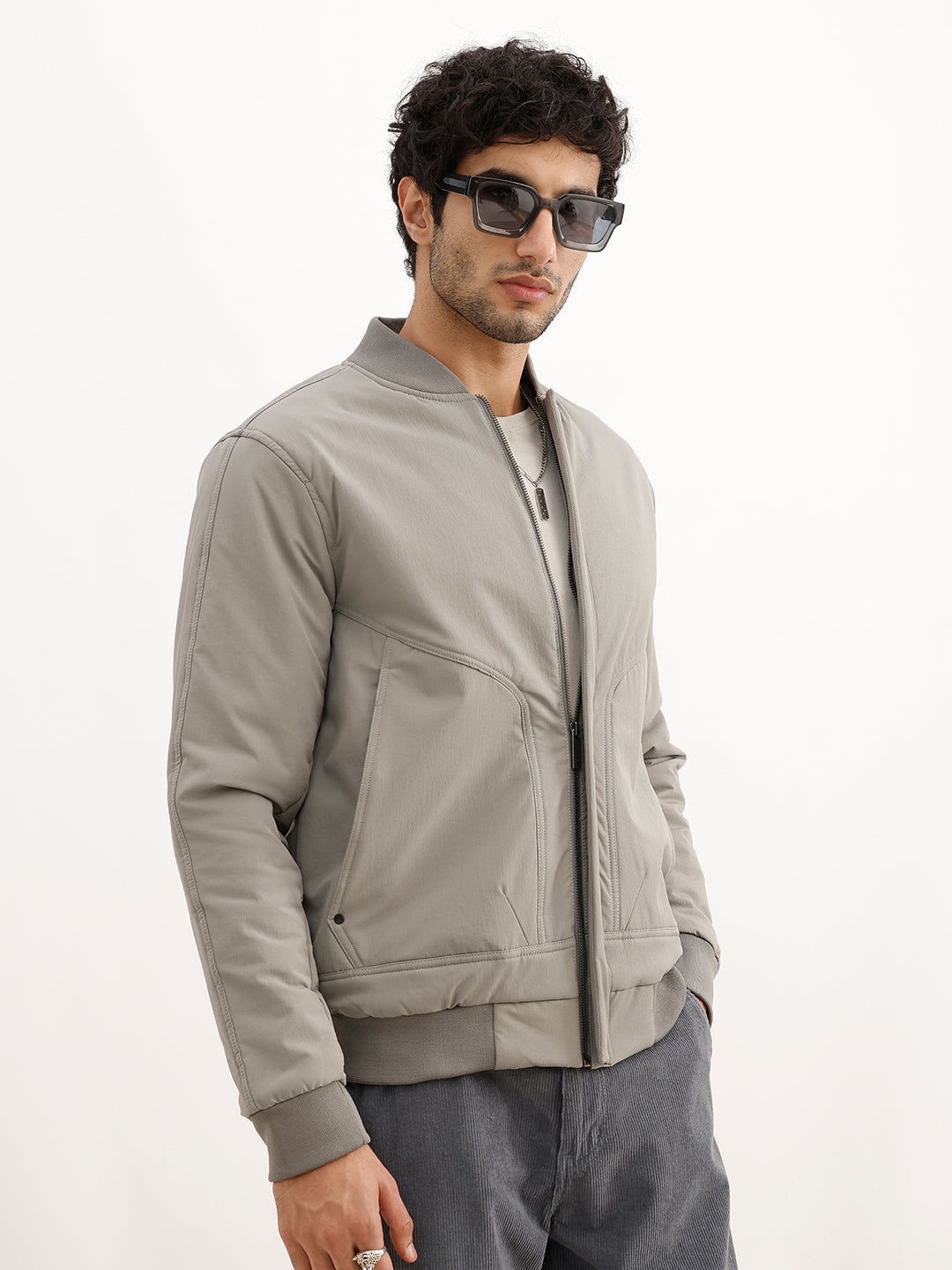 Solid Regular Fit Bomber Jacket | Grey