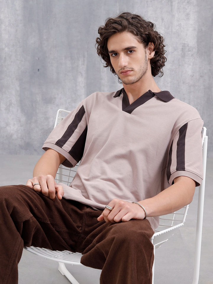 Oversized Johnny Collar Sporty Polo T-Shirt | Brown