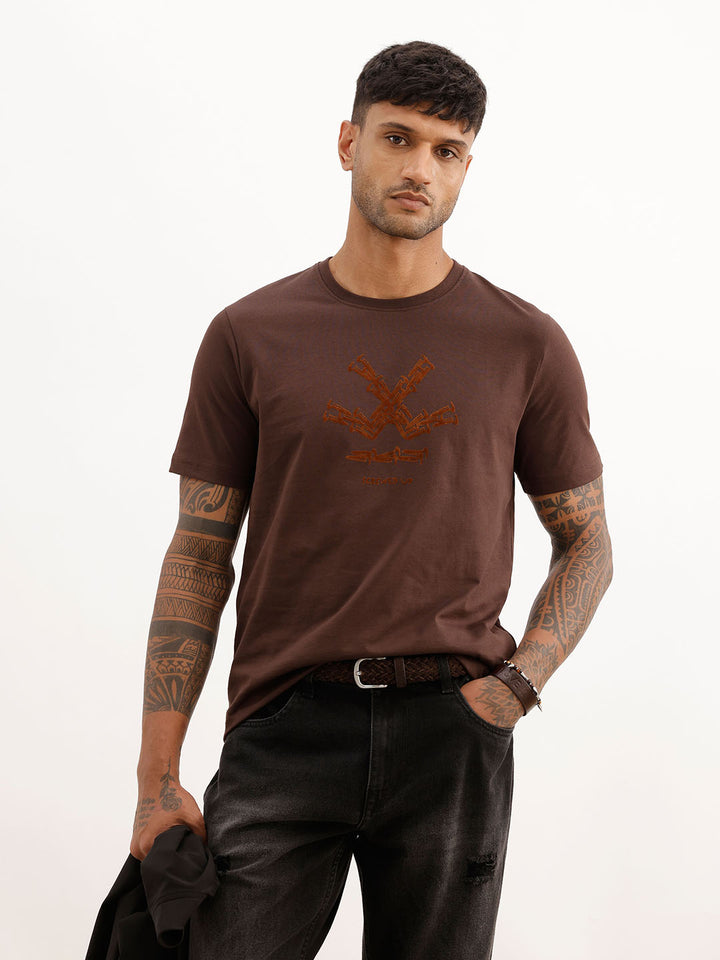 Slim Fit Flock Printed T-Shirt | Brown