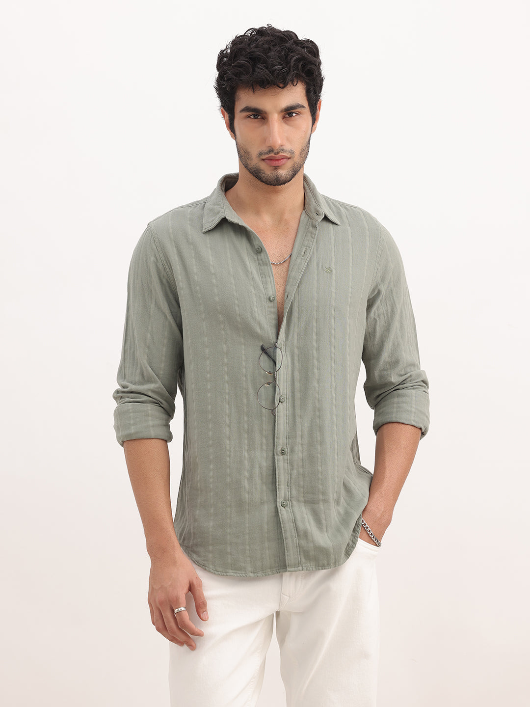 Slim Fit Textured Stripe Full Sleeve Shirt | Olive