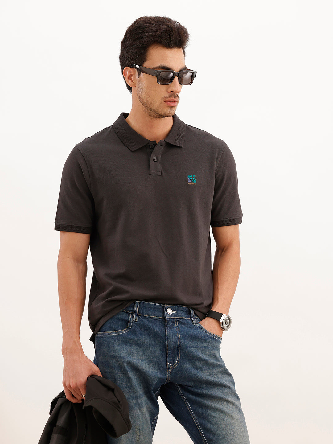 Slim Fit Emroidered Patch Detail Polo T-Shirt | Grey