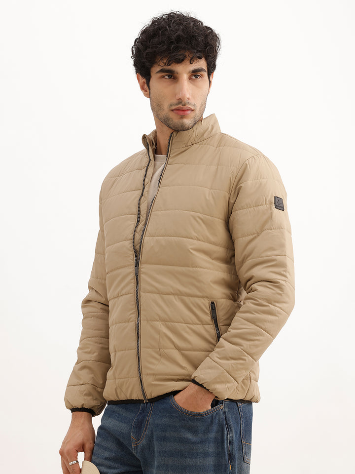 Solid Regular Fit Puffer Jacket | Brown