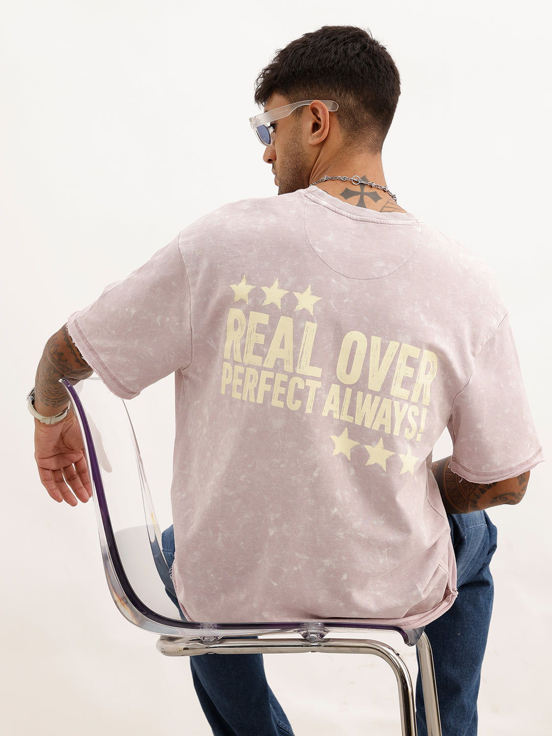 Oversized Raw Edge Back Printed T-Shirt | Pink