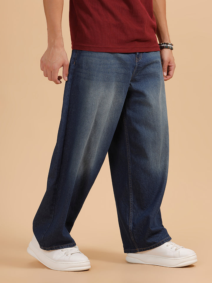 Solid Heavy Fade Baggy Fit Jeans | Blue