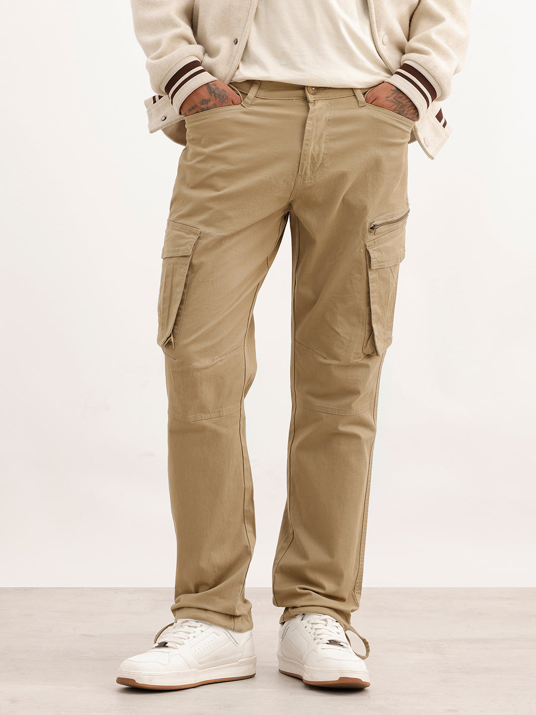 Solid Straight Fit Cargo Trouser | Beige
