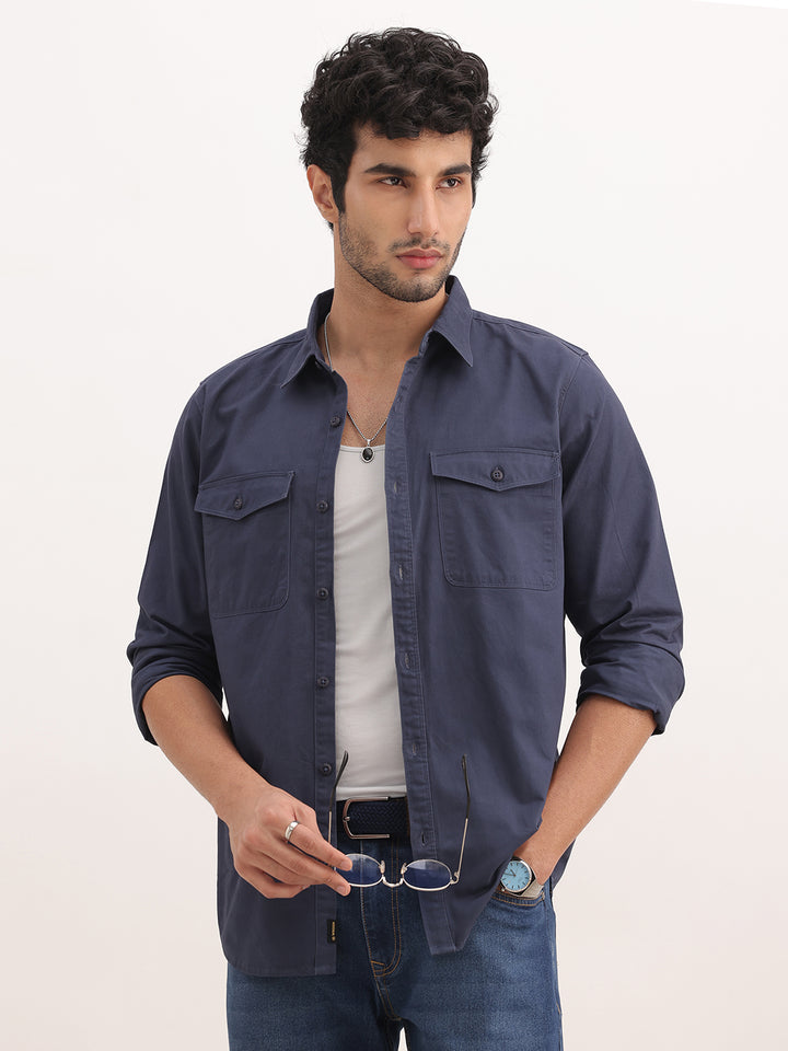 Slim Fit Double Pocket Full Sleeve Shirt | Navy Blue