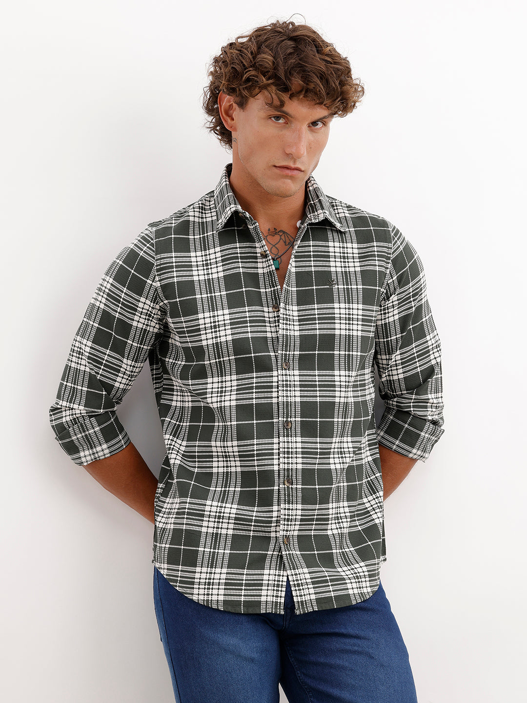 Textured Regular Fit Full Sleeve Shirt | Olive