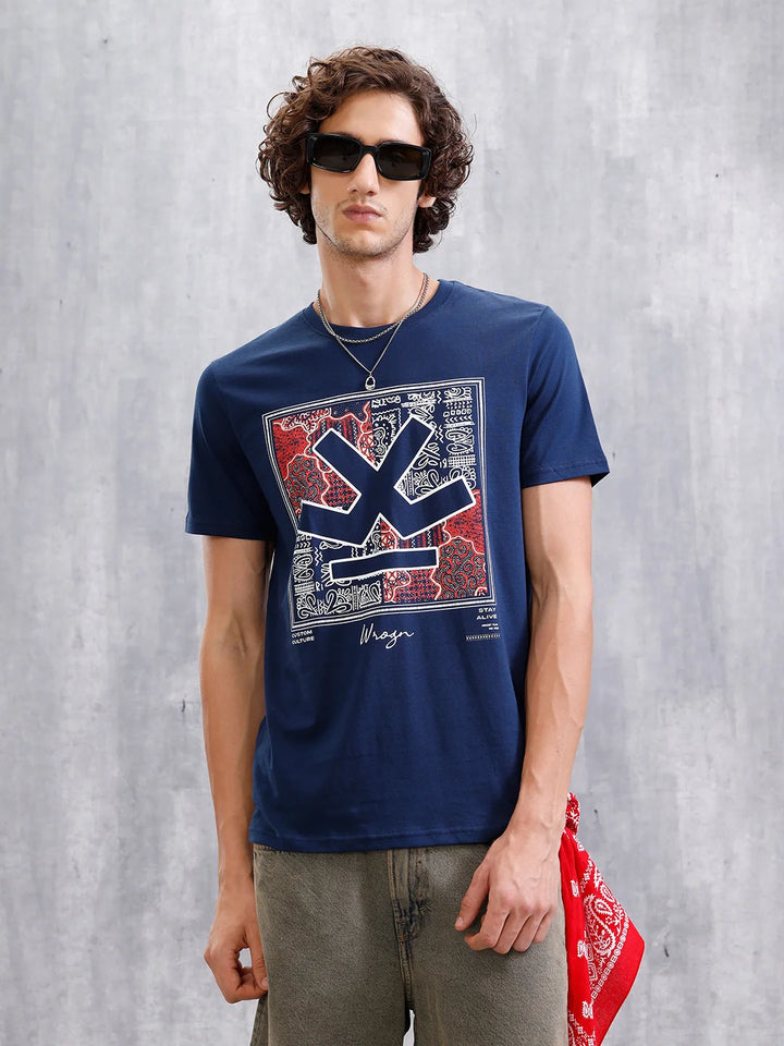 Bandana Logo Printed Slim Fit T-Shirt  | Navy Blue